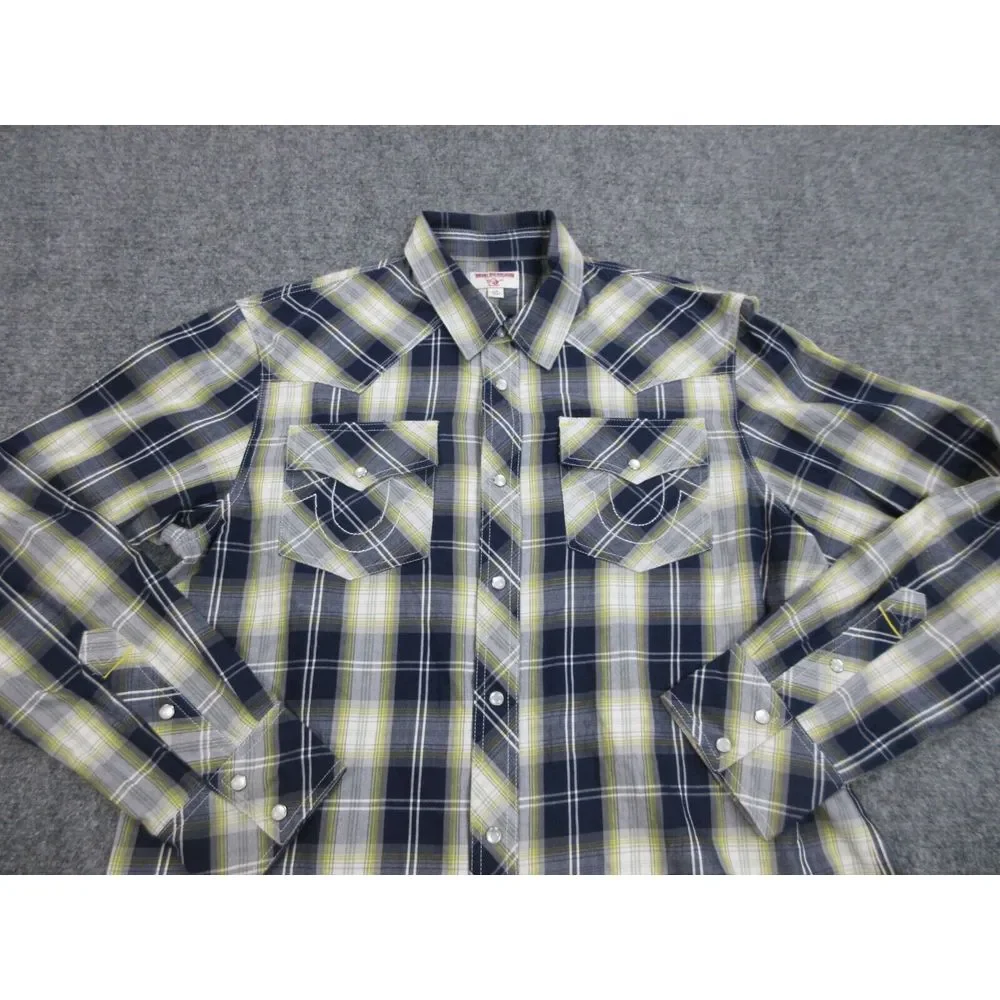 True Religion Shirt Mens Large‎ Blue Plaid Button Up Pearl Snap Western Cowboy